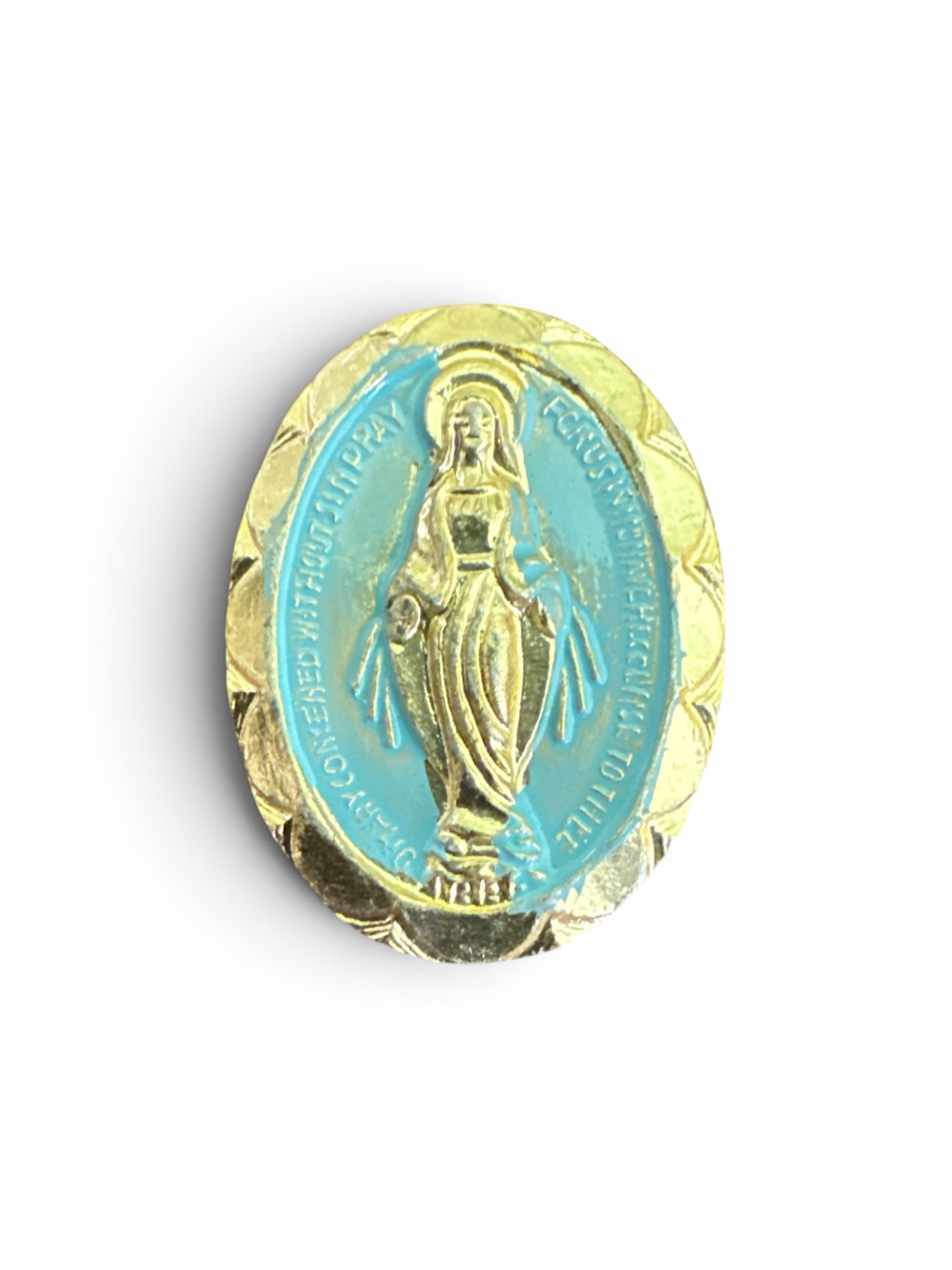 Vintage Gold Tone Turquoise Blue Enamel Virgin Mary Miraculous Medal Pin Brooch